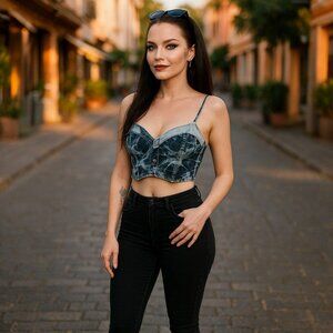 Club Exx Moonshine Magick Denim Bra Top – Tie Dye Strapless – Size L – NWT